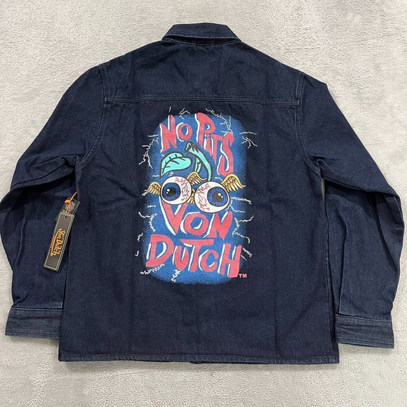 Von Dutch Other - Von‎ Dutch Jacket Mens Large Denim  Button Up Graphic Noris Eyeball Y2K Limited
